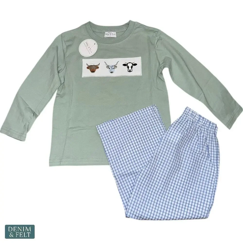 NEW Abby & Evie Green Cow Embroidery Outfit‎ Set Long Sleeve Top & Gingham Pants